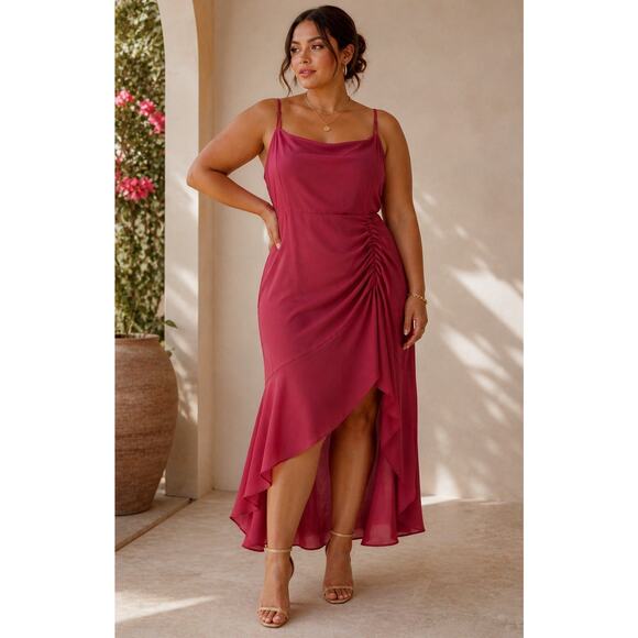 Express Dresses & Skirts - Express XL NWT Ruched Asym Dress Berry Pink Satin Cowl Neck Midi Slip